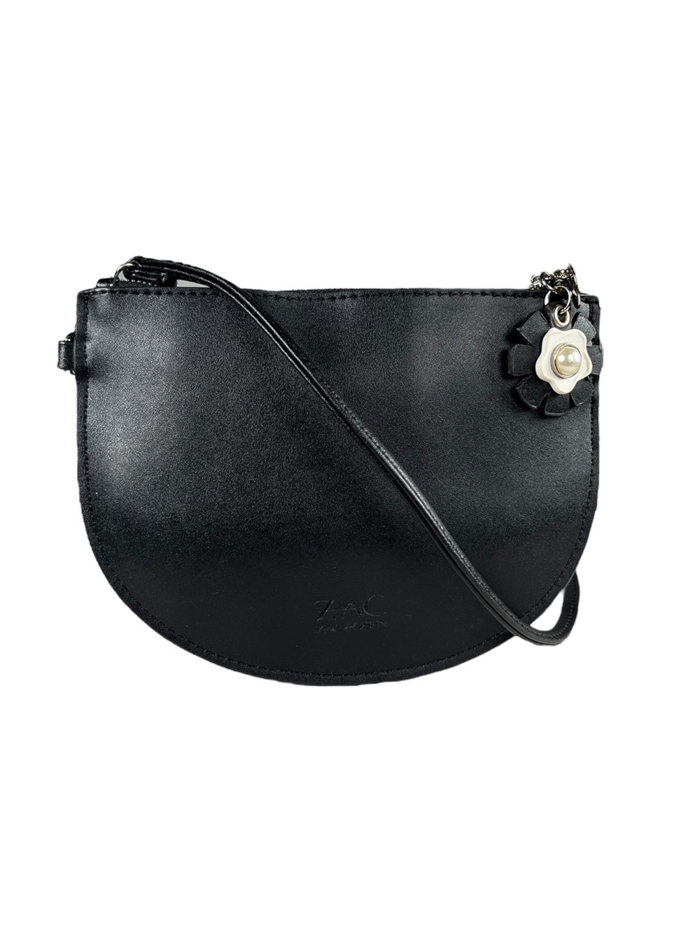 ZAC Zac Posen Black Leather Crescent Crossbody with Floral Charm